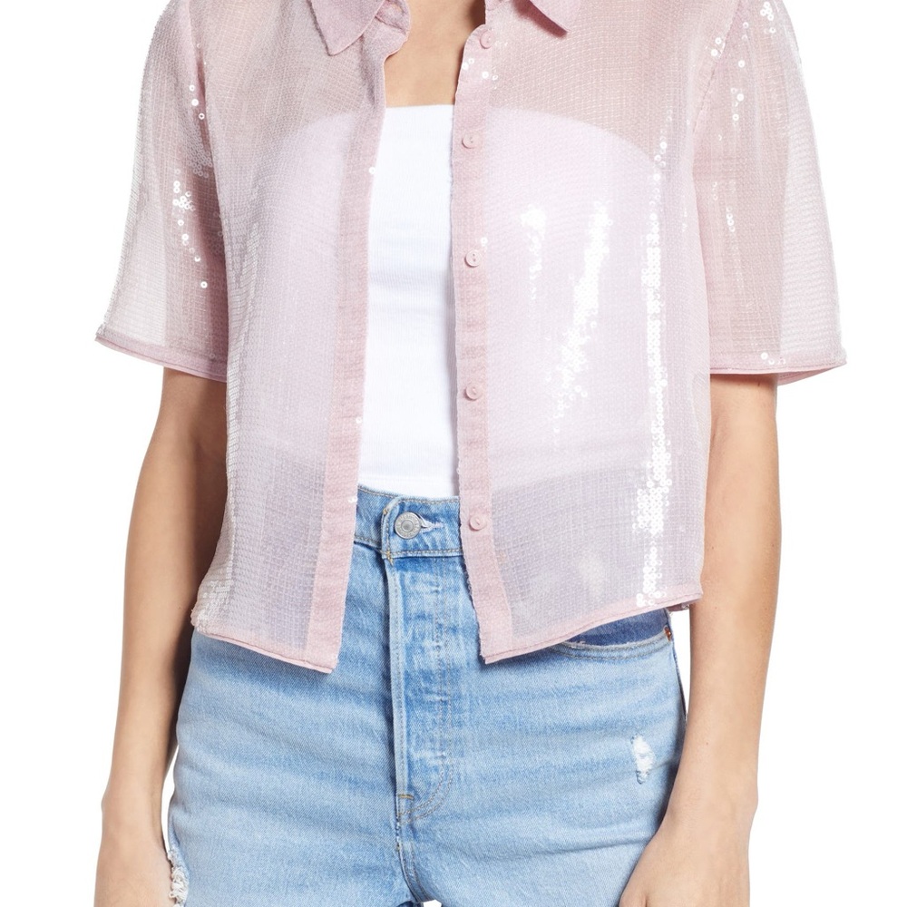 & other stories pink sequin short sleeve blouse Size S/36